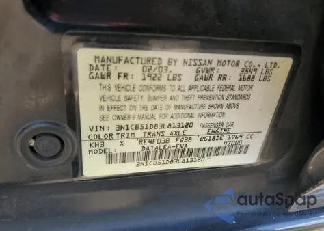 2003 Nissan Sentra Xe z USA, uszkodzony, nr VIN 3N1CB51D83L813120